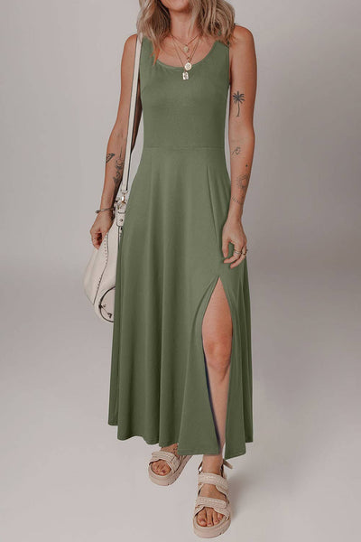 side split casual dress Flirla Women Plain Simple Sleeveless Side Split Casual Dress Maxi Women Outfit,L