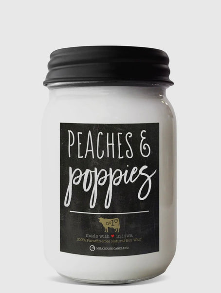 Mason Jar Soy Candle: Peaches & Poppies, By Milkhouse 13 oz