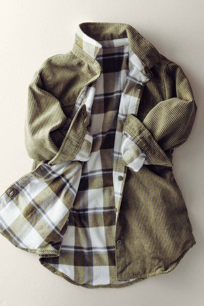 Plaid Lined Corduroy Flannel Shacket - Olive