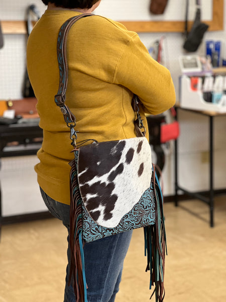 Myra Bags Sunflower Hairon Cowhide Turquoise Fringe Western Shoulder Bag