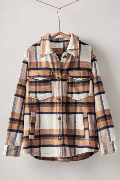 Plaid Button-Down Jacket - Camel