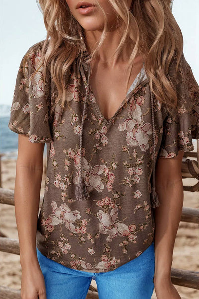 Retro Floral Print Tassel Tie Split Neck Blouse
