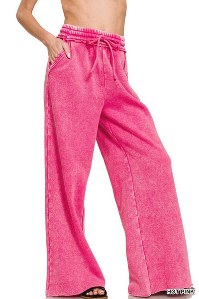 Acid wash palazzo sweatpants with pockets - Hot Pink