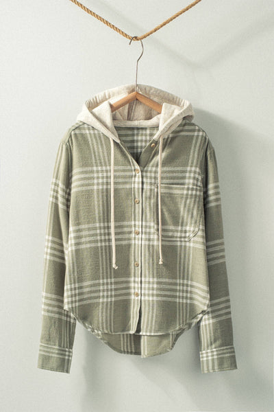 Plaid Hooded Button-Up Western Boho Casual Top - Sage