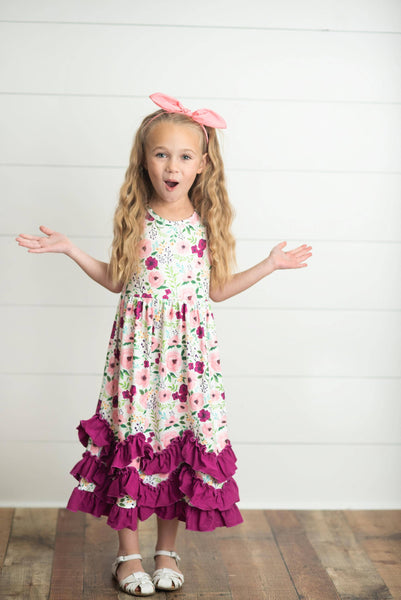 Kids Plum Floral 3 Ruffle Summer Dress