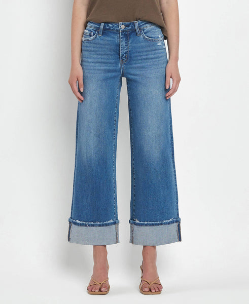 HIGH RISE MEDIUM WASH CUFFED WIDE JEANS F5890