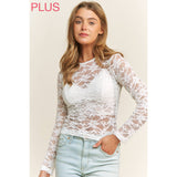 PLUS CHIC FLORAL LACE ROUND NECK LONG SLEEVE FITTED - White