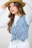 FLORAL WASHED DENIM PATTERN FRONT TIE VEST