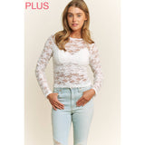 PLUS CHIC FLORAL LACE ROUND NECK LONG SLEEVE FITTED - White