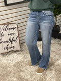 HIGH RISE STRETCH  WIDE LEG W/ DESTROYED HEM JEANS
