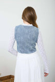 FLORAL WASHED DENIM PATTERN FRONT TIE VEST