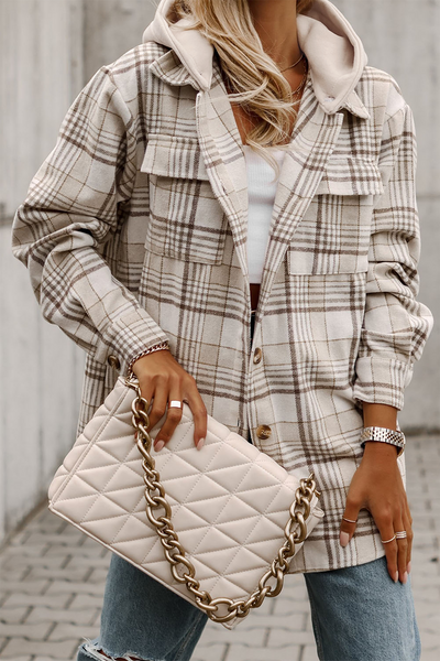 Khaki Plaid Shirt emovable Hood Buttoned Shacket