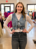 FLORAL WASHED DENIM PATTERN FRONT TIE VEST