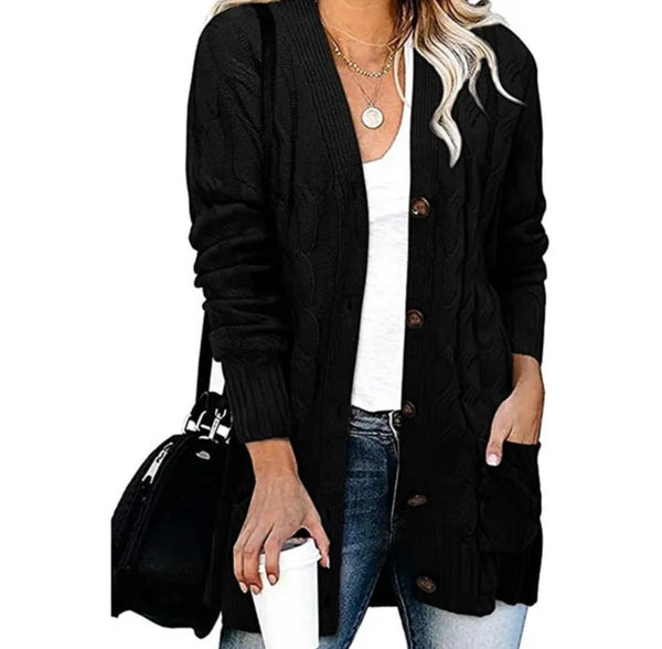 Button up Cable Knit Black Sweater