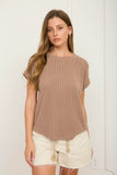 RIBBED CREW NECK SHORT CUFF SLEEVE KNIT TOP - Mocha