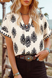 Boho Geometric Print Short Sleeve V Neck Blouse