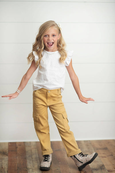 Kids Mustard Khaki Denim Cargo Jean Pants With Pockets