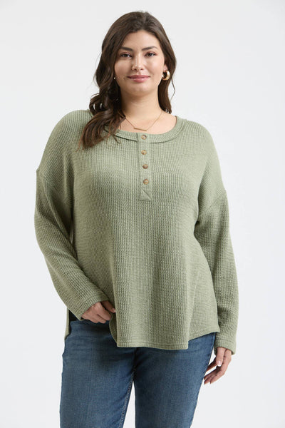 Waffle Knit Henley Top - Olive