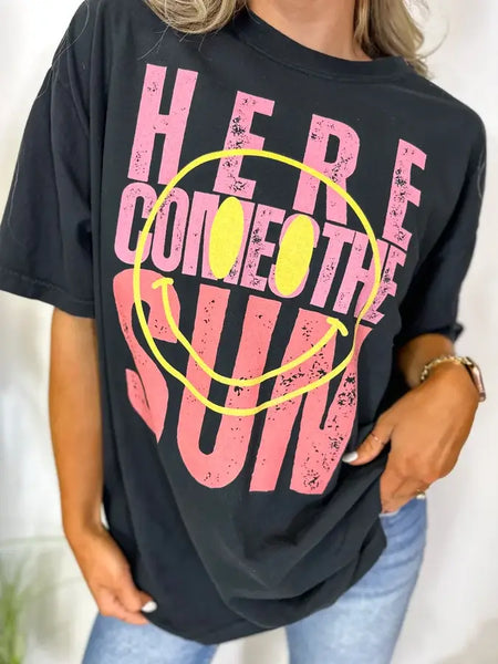 Here Comes The Sun Big Smiley Black Graphic Tee