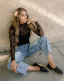 Black Mock Neck Floral Lace Mesh Long Sleeve Top - Black