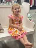 Girls Pink & Tangerine Retro Flower Check Pocket Dress