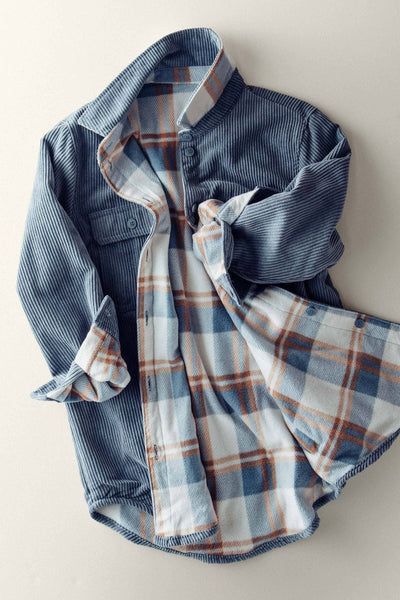 Plaid Lined Corduroy Flannel Shacket - Blue Stone