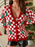 Checkered Christmas Tree Button V Neck Sweater Cardigan