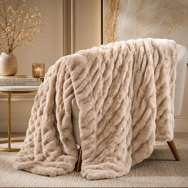 Khaki Double-Layer Faux Fur Throw Blanket – 50" x 60"