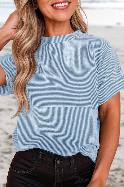 Corded Knit Mock Neck Tee - Blue