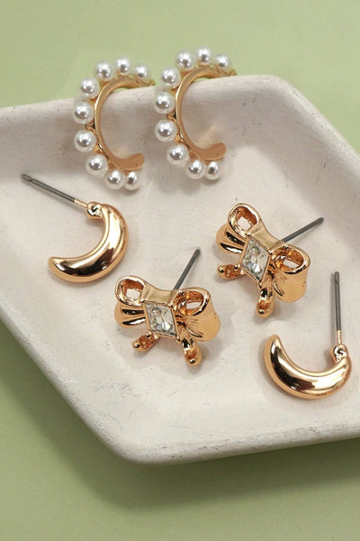 MULTI EARRING SET-PEARL EMBELLISHED HOOPS BOW