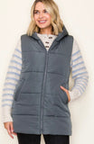 HOODED SOLID DUSTER PUFFER VEST - Dark Green