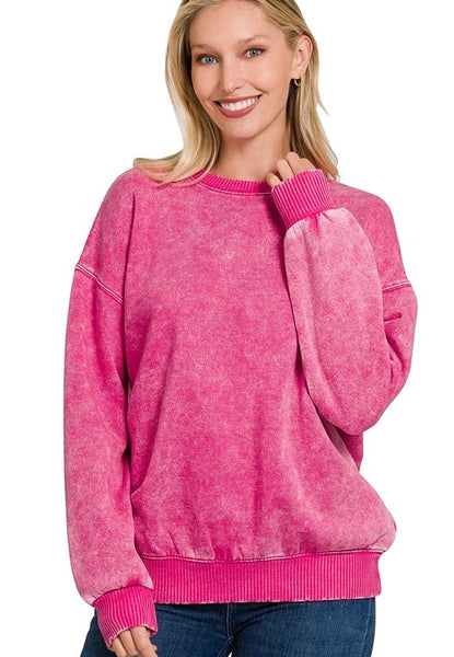 Lenny Acid Washed Fleece Oversized Pullover - Hot Pink