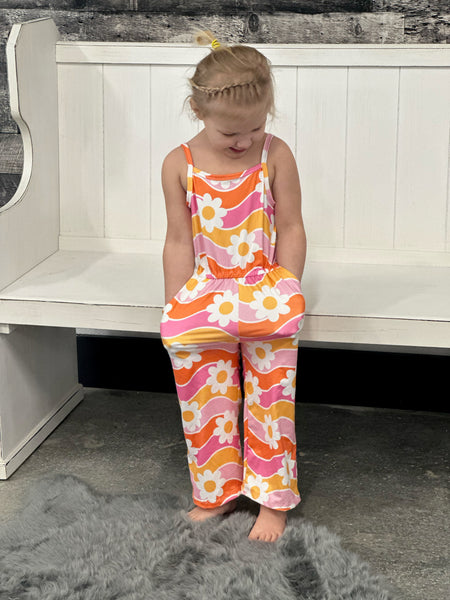 Kids Tangerine & Pink Retro Floral Jumpsuit With Pockets