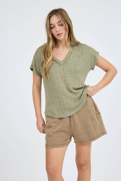 PLUS V NECK EXTENDED SHORT SLEEVE SWEATER KNIT TOP