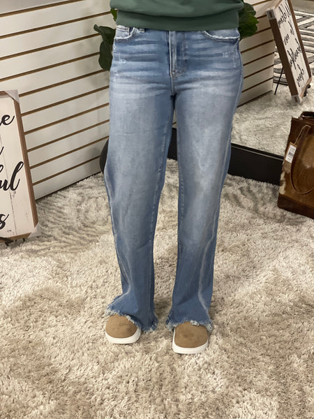 HIGH RISE STRETCH  WIDE LEG W/ DESTROYED HEM JEANS