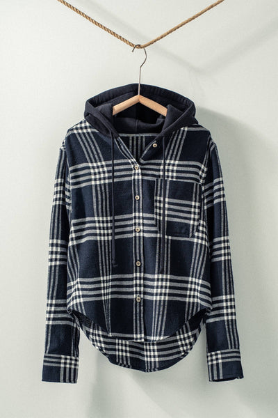 Plaid Hooded Button-Up Western Boho Casual Top - Black