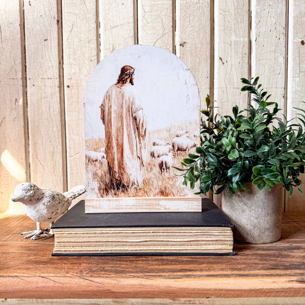 Jesus with Sheep Arched Wood Sign Shelf Sitter