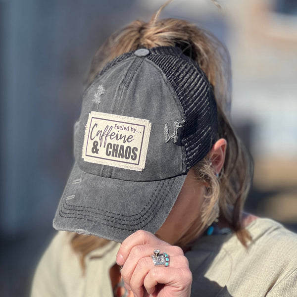 Fueled by Caffeine and Chaos Black Distressed Baseball Cap