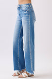 HIGH RISE STRETCH  WIDE LEG W/ DESTROYED HEM JEANS