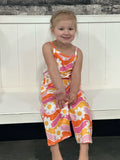 Kids Tangerine & Pink Retro Floral Jumpsuit With Pockets