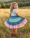 Girls Fall Ava Blue Bow Floral Tiered Twirl Dress