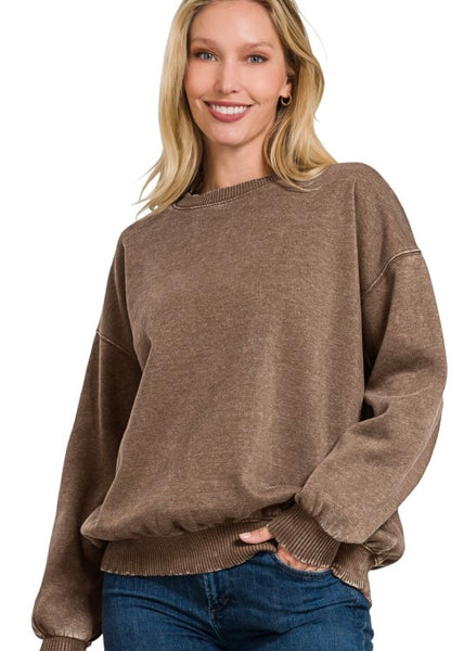 Lenny Acid Washed Fleece Oversized Pullover - Mocha