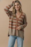 V Neck Stripe Popcorn Oversized Fit Cardigan
