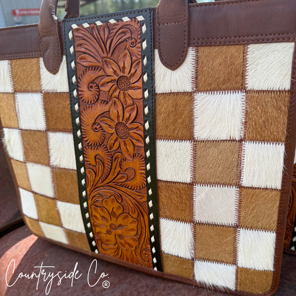 Virginia Cowhide Checkered Tote Handbag