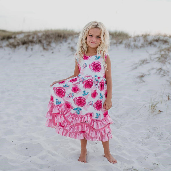 Kids Pink Rose 3 Ruffle Spring Summer Easter Dress