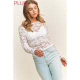 PLUS CHIC FLORAL LACE ROUND NECK LONG SLEEVE FITTED - White