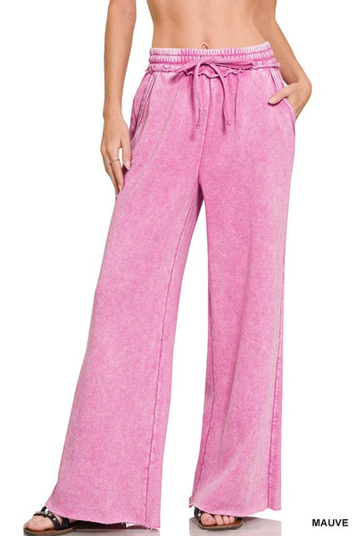 Acid wash palazzo sweatpants with pockets - Mauve