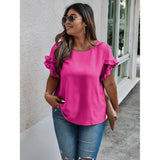 Plus Size Round Neck Ruffle Solid Loose Shirt