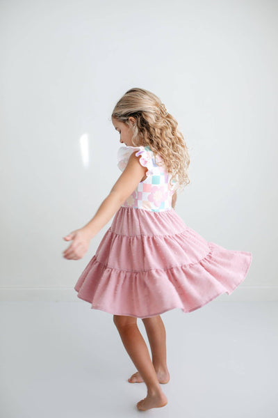 Girls Pink Check Retro Swiss Dot Spring Easter Dress