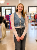 FLORAL WASHED DENIM PATTERN FRONT TIE VEST